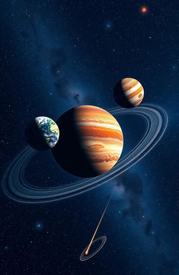 A breathtaking view of space, featuring a stunningly detailed moon with craters and a vibrant surface, orbiting vibrant planets in our solar system including a colorful Earth, a swirling red and orange Mars, and a majestic gas giant like Jupiter with its iconic bands and Great Red Spot