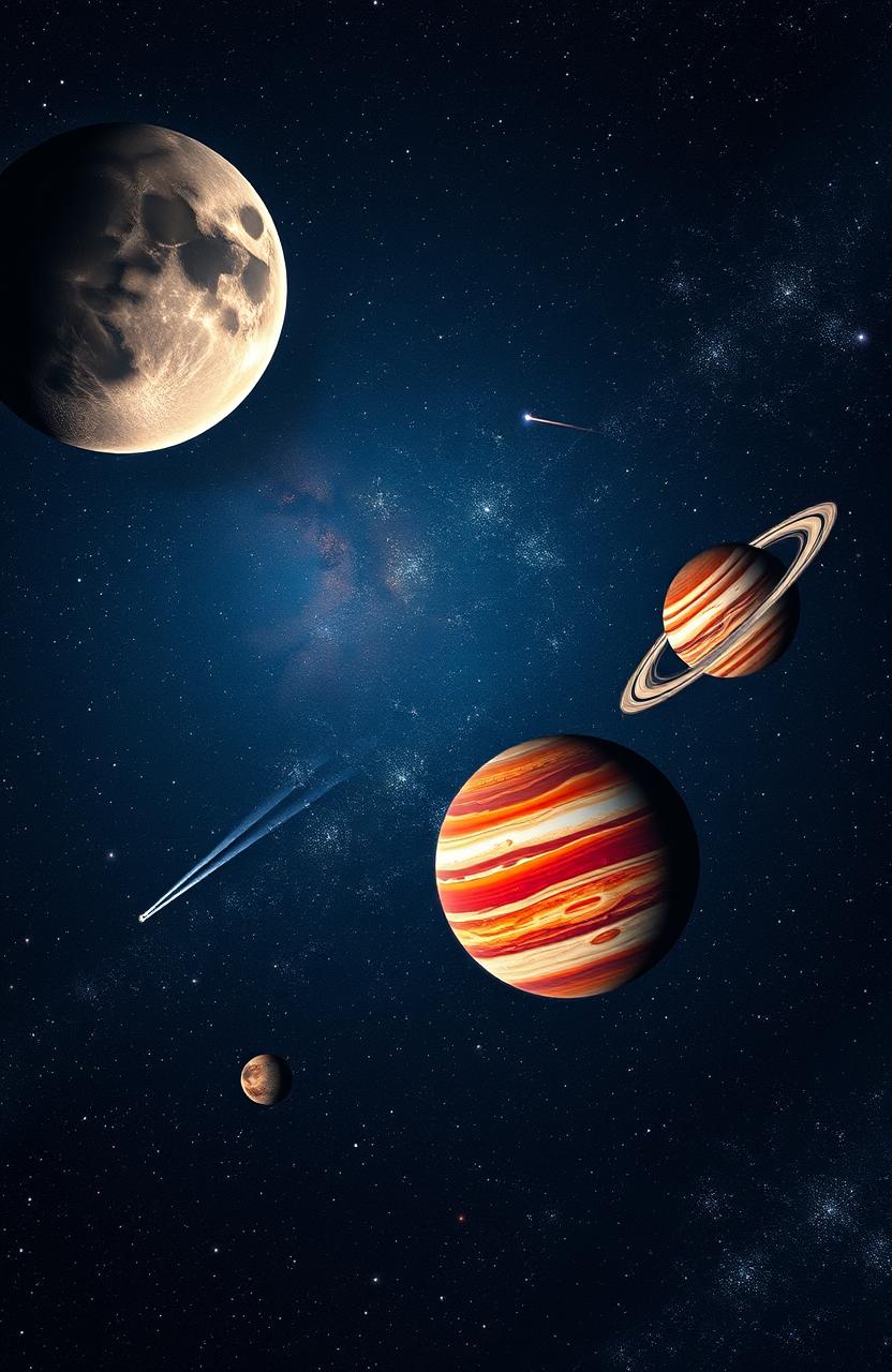 A breathtaking view of space, featuring a stunningly detailed moon with craters and a vibrant surface, orbiting vibrant planets in our solar system including a colorful Earth, a swirling red and orange Mars, and a majestic gas giant like Jupiter with its iconic bands and Great Red Spot