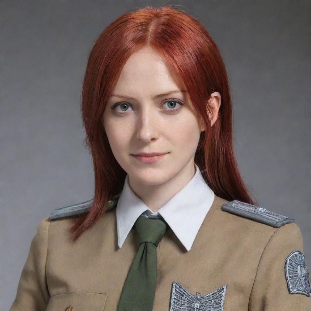 An image of a 38-year-old, short lady with vampire-like pale skin and long, red hair, donned in the Survey Corps uniform from Attack on Titan, imbued with a strong, tenacious personality.