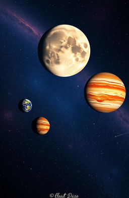 A breathtaking view of space, featuring a stunningly detailed moon with craters and a vibrant surface, orbiting vibrant planets in our solar system including a colorful Earth, a swirling red and orange Mars, and a majestic gas giant like Jupiter with its iconic bands and Great Red Spot