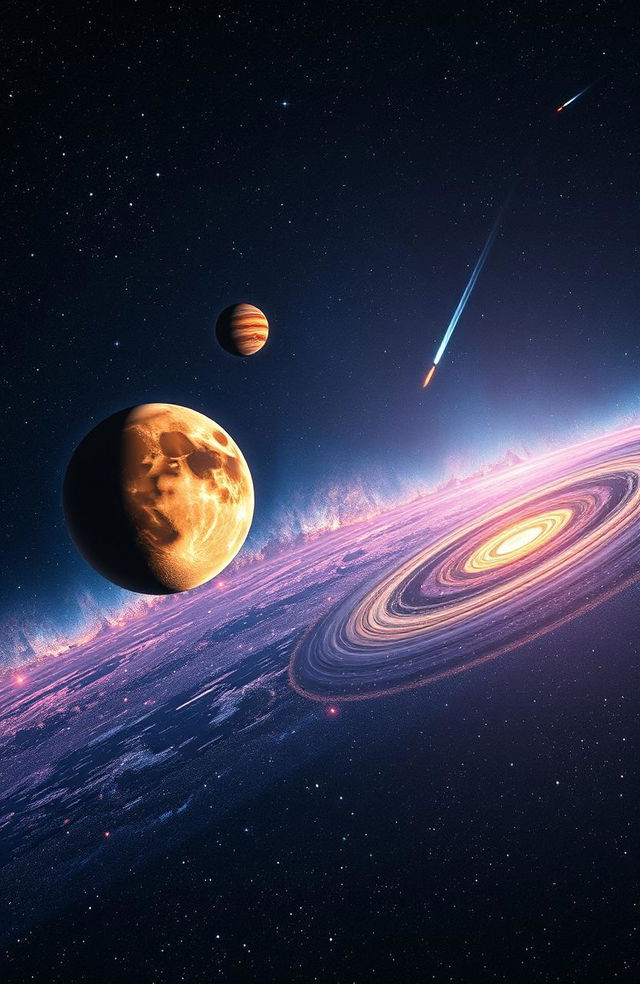 A breathtaking view of space, featuring a stunningly detailed moon with craters and a vibrant surface, orbiting vibrant planets in our solar system including a colorful Earth, a swirling red and orange Mars, and a majestic gas giant like Jupiter with its iconic bands and Great Red Spot