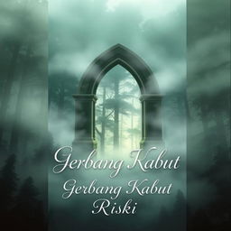 A captivating book cover for a novel titled 'Gerbang Kabut', featuring a mystical fog-shrouded forest as the background