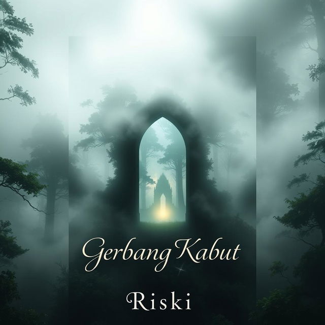 A captivating book cover for a novel titled 'Gerbang Kabut', featuring a mystical fog-shrouded forest as the background