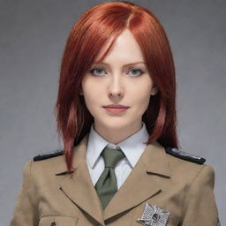 An image of a 38-year-old, short lady with vampire-like pale skin and long, red hair, donned in the Survey Corps uniform from Attack on Titan, imbued with a strong, tenacious personality.