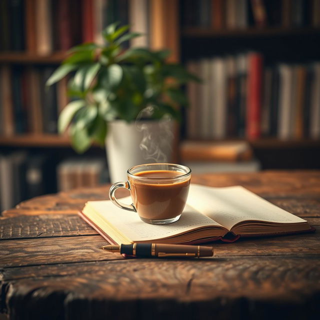 A cozy and inviting background image that features a steaming cup of coffee placed on a rustic wooden table, with an open notebook and a stylish fountain pen beside it