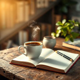 A cozy and inviting background image that features a steaming cup of coffee placed on a rustic wooden table, with an open notebook and a stylish fountain pen beside it