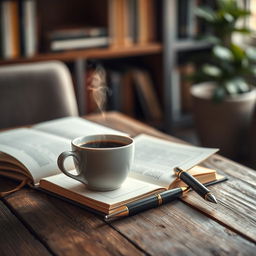 A cozy and inviting background image that features a steaming cup of coffee placed on a rustic wooden table, with an open notebook and a stylish fountain pen beside it