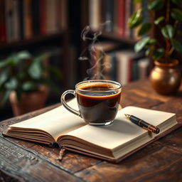 A cozy and inviting background image that features a steaming cup of coffee placed on a rustic wooden table, with an open notebook and a stylish fountain pen beside it