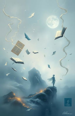 An abstract art piece titled 'Archive of Almost', depicting a surreal landscape filled with fragmented memories and dream-like elements