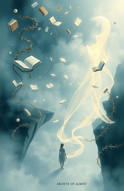 An abstract art piece titled 'Archive of Almost', depicting a surreal landscape filled with fragmented memories and dream-like elements