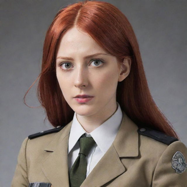 An image of a 38-year-old, short lady with vampire-like pale skin and long, red hair, donned in the Survey Corps uniform from Attack on Titan, imbued with a strong, tenacious personality.