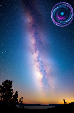 A breathtaking celestial scene featuring a vivid, star-filled night sky above a serene landscape