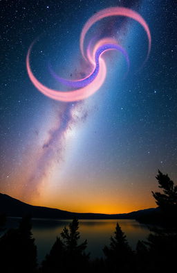 A breathtaking celestial scene featuring a vivid, star-filled night sky above a serene landscape