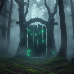 A mystical gate in the middle of a foggy forest, surrounded by dense trees and mist