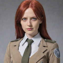 An image of a 38-year-old, short lady with vampire-like pale skin and long, red hair, donned in the Survey Corps uniform from Attack on Titan, imbued with a strong, tenacious personality.