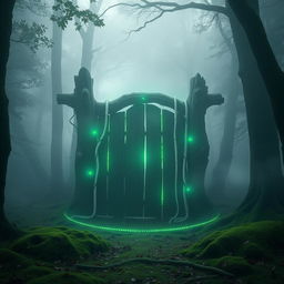A mystical gate in the middle of a foggy forest, surrounded by dense trees and mist