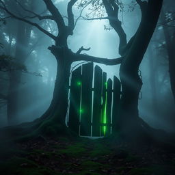 A mystical gate in the middle of a foggy forest, surrounded by dense trees and mist