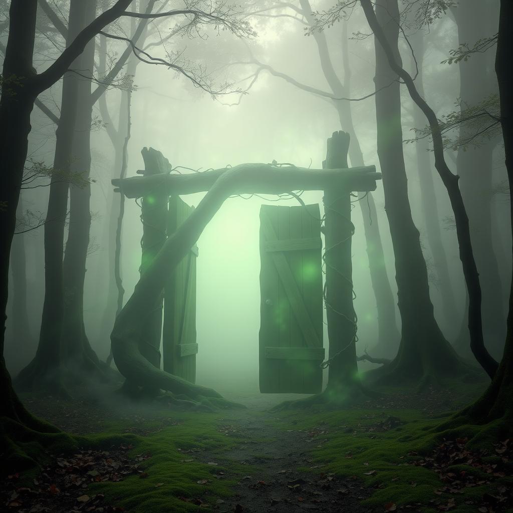 A mystical gate in the middle of a foggy forest, surrounded by dense trees and mist