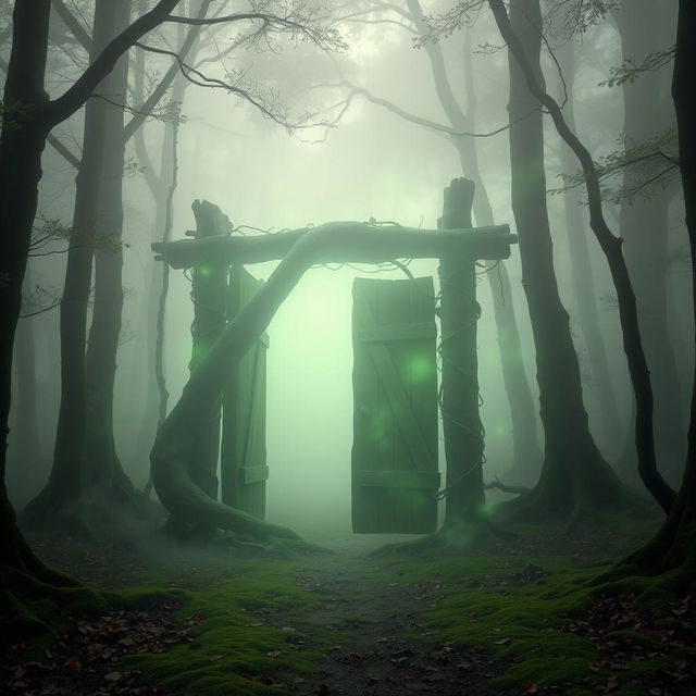 A mystical gate in the middle of a foggy forest, surrounded by dense trees and mist