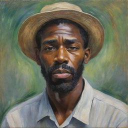 Illustrate an African American man enduring hardship at work, his face reflecting a silent resilience amid discomfort, painted in Claude Monet's impressionist style. Blend vibrant strokes to intensify the compelling, emotive atmosphere of the scene.