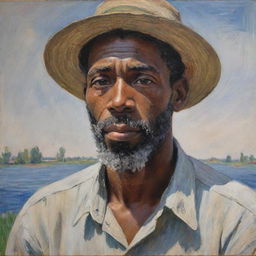 Illustrate an African American man enduring hardship at work, his face reflecting a silent resilience amid discomfort, painted in Claude Monet's impressionist style. Blend vibrant strokes to intensify the compelling, emotive atmosphere of the scene.