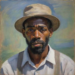 Illustrate an African American man enduring hardship at work, his face reflecting a silent resilience amid discomfort, painted in Claude Monet's impressionist style. Blend vibrant strokes to intensify the compelling, emotive atmosphere of the scene.