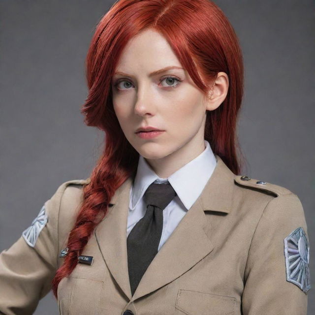 A depiction of a 38-year-old, short statured lady with vampire-like pale skin, and long, vibrant red hair. She is adorned in the iconic Survey Corps uniform from Attack on Titan, and her bearing resonates with fierce determination.