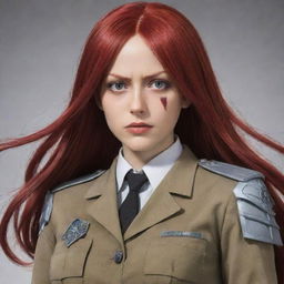 A depiction of a 38-year-old, short statured lady with vampire-like pale skin, and long, vibrant red hair. She is adorned in the iconic Survey Corps uniform from Attack on Titan, and her bearing resonates with fierce determination.