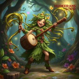 A fantasy character inspired by Dungeons & Dragons, a Hedge Bard, equipped with a unique drum whip