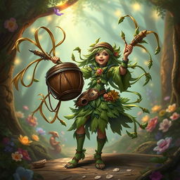 A fantasy character inspired by Dungeons & Dragons, a Hedge Bard, equipped with a unique drum whip