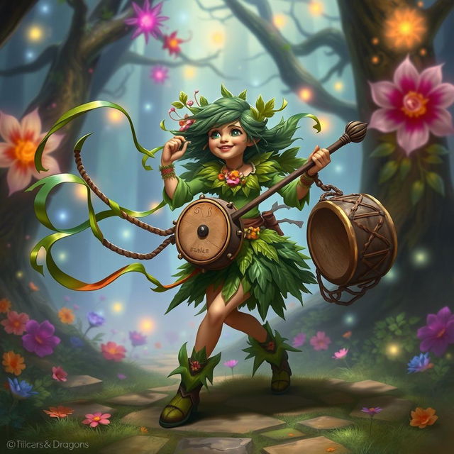 A fantasy character inspired by Dungeons & Dragons, a Hedge Bard, equipped with a unique drum whip