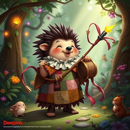 A charming character inspired by Dungeons & Dragons, a Hedgehog Bard, holding a whimsical drum whip