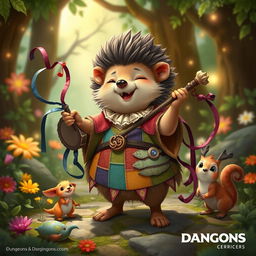 A charming character inspired by Dungeons & Dragons, a Hedgehog Bard, holding a whimsical drum whip