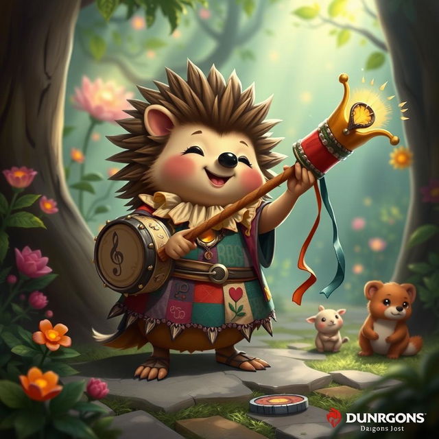 A charming character inspired by Dungeons & Dragons, a Hedgehog Bard, holding a whimsical drum whip