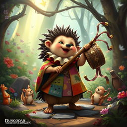 A charming character inspired by Dungeons & Dragons, a Hedgehog Bard, holding a whimsical drum whip