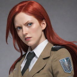 A depiction of a 38-year-old, short statured lady with vampire-like pale skin, and long, vibrant red hair. She is adorned in the iconic Survey Corps uniform from Attack on Titan, and her bearing resonates with fierce determination.