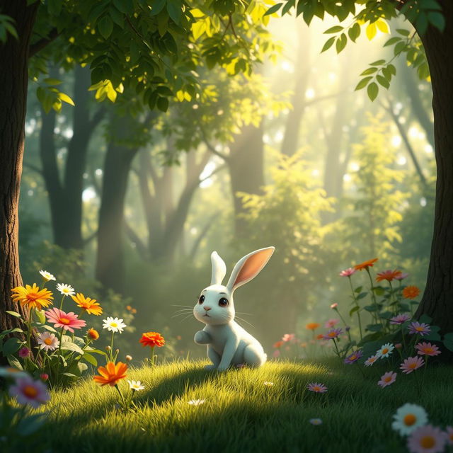 A charming scene in the morning where sunlight filters through a dense forest, casting a warm glow on a cute little white rabbit sitting on a grassy patch