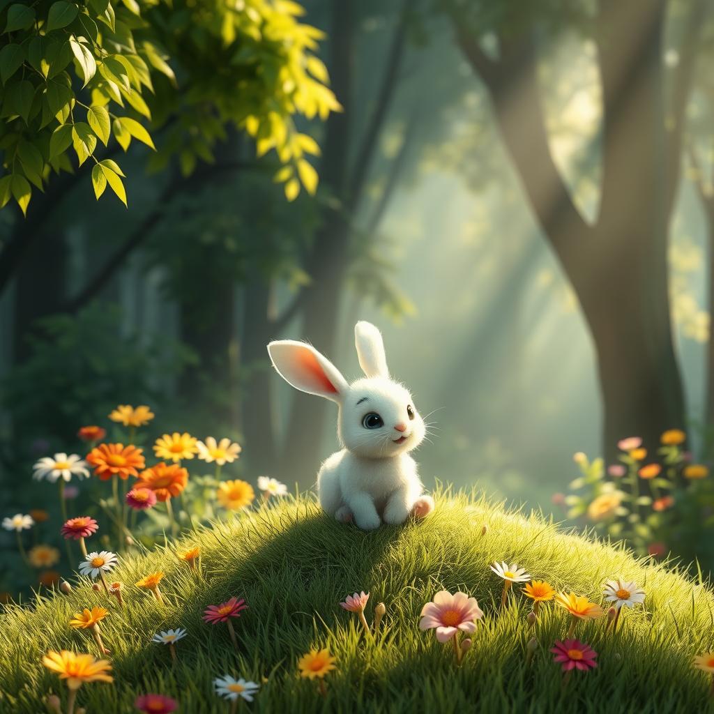 A charming scene in the morning where sunlight filters through a dense forest, casting a warm glow on a cute little white rabbit sitting on a grassy patch