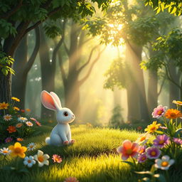A charming scene in the morning where sunlight filters through a dense forest, casting a warm glow on a cute little white rabbit sitting on a grassy patch