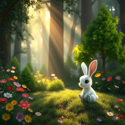 A charming scene in the morning where sunlight filters through a dense forest, casting a warm glow on a cute little white rabbit sitting on a grassy patch