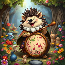 A whimsical character inspired by Dungeons & Dragons, featuring a Hedgehog Bard joyfully playing a beautifully crafted drum