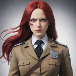 A depiction of a 38-year-old, short statured lady with vampire-like pale skin, and long, vibrant red hair. She is adorned in the iconic Survey Corps uniform from Attack on Titan, and her bearing resonates with fierce determination.