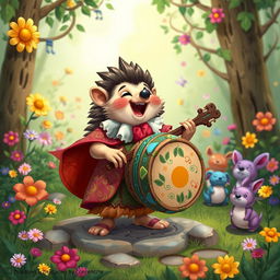 A whimsical character inspired by Dungeons & Dragons, featuring a Hedgehog Bard joyfully playing a beautifully crafted drum