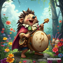 A whimsical character inspired by Dungeons & Dragons, featuring a Hedgehog Bard joyfully playing a beautifully crafted drum