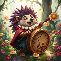 A whimsical character inspired by Dungeons & Dragons, featuring a Hedgehog Bard joyfully playing a beautifully crafted drum