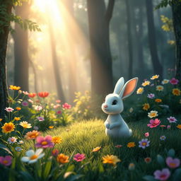 A charming scene in the morning where sunlight gracefully filters through a dense forest, illuminating a cute little white rabbit sitting contentedly on a grassy area