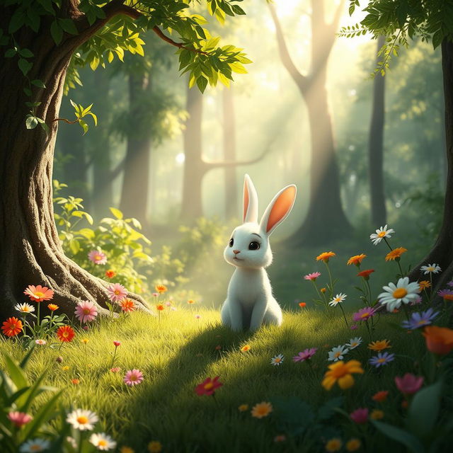 A charming scene in the morning where sunlight gracefully filters through a dense forest, illuminating a cute little white rabbit sitting contentedly on a grassy area