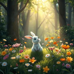 A charming scene in the morning where sunlight gracefully filters through a dense forest, illuminating a cute little white rabbit sitting contentedly on a grassy area