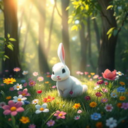 A charming scene in the morning where sunlight gracefully filters through a dense forest, illuminating a cute little white rabbit sitting contentedly on a grassy area