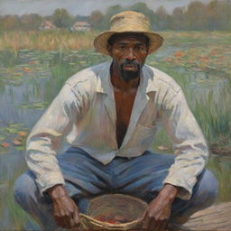 In the style of Claude Monet, depict an African American man engaged in strenuous labor. His body language and facial expressions convey both physical strain and enduring resilience. The vibrant impressionist strokes paint a powerful, emotionally charged scene.